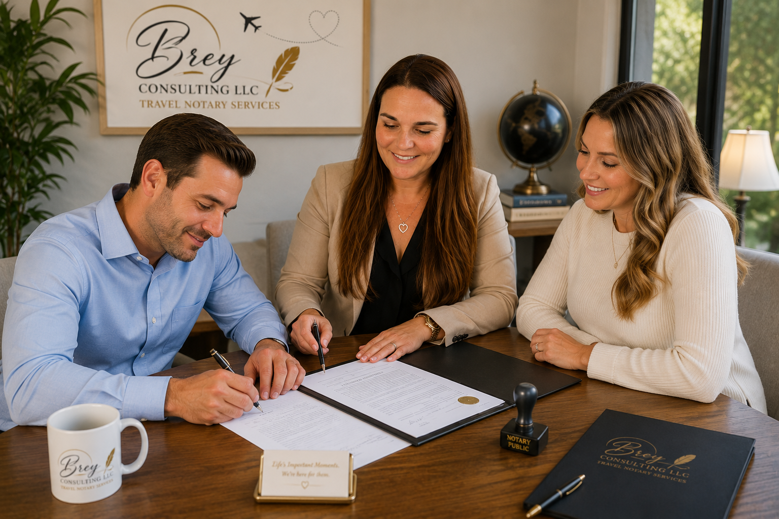 Brey Consulting LLC notary signing appointment at a professional office table